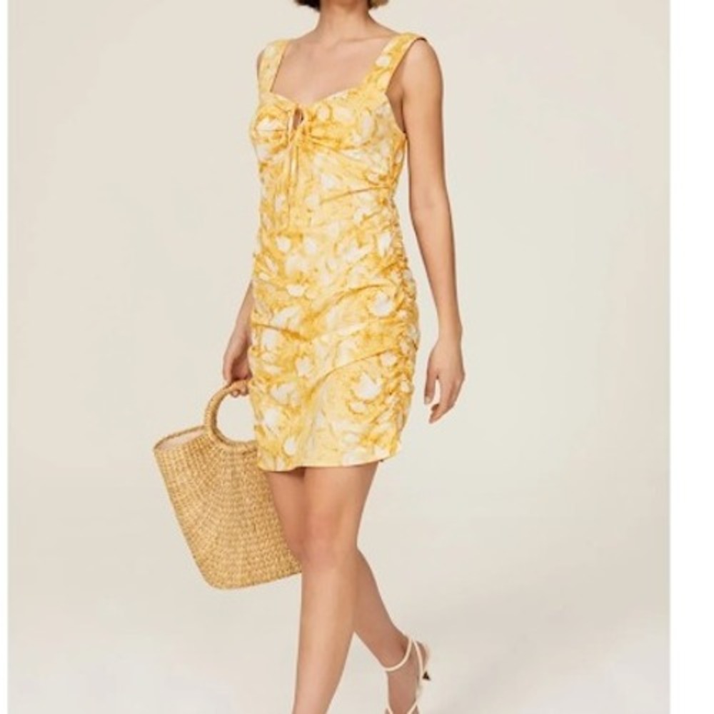 Louna Yellow Floral Print Mini Dress Ruched Tie Front Sleeveless XS